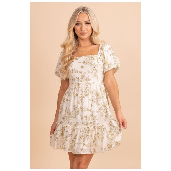 Blu Pepper Modest Square Neck Puff Sleeve White Green Toile Floral Mini Dress L - Picture 3 of 13